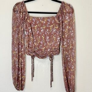 Active USA Cottage Core Brown Blouse with puff long sleeves Size Small.